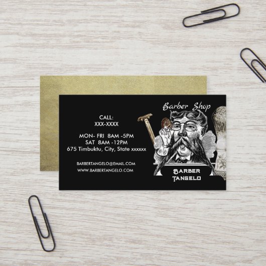 Carte De Visite Barber Mustache Gold Black Professional (Devant/Arrière en situation)
