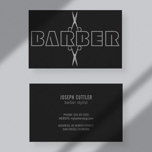 Carte De Visite Barber professionnel argent ciseaux de script noir