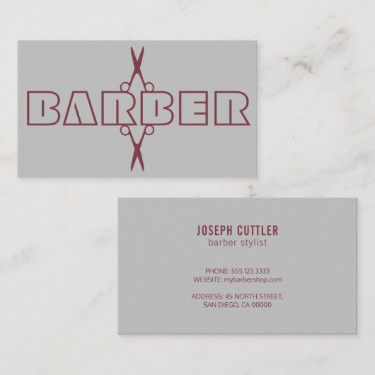 Carte De Visite Barber professionnel burgundy script ciseaux gris (Devant / Derrière)