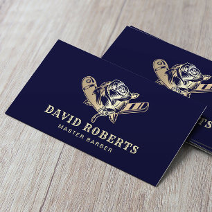 Carte De Visite Barber Razor & Logo Rose Marine & Gold Barbershop