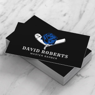 Carte De Visite Barber Razor & Rose Bleu Barbershop Cheveux Noir