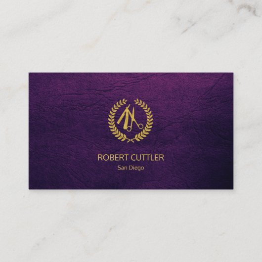 Carte De Visite Barber shop luxe simple or violet look cuir (Devant)