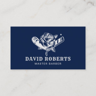 Carte De Visite Barber Shop Razor & Rose Logo Barbershop Navy