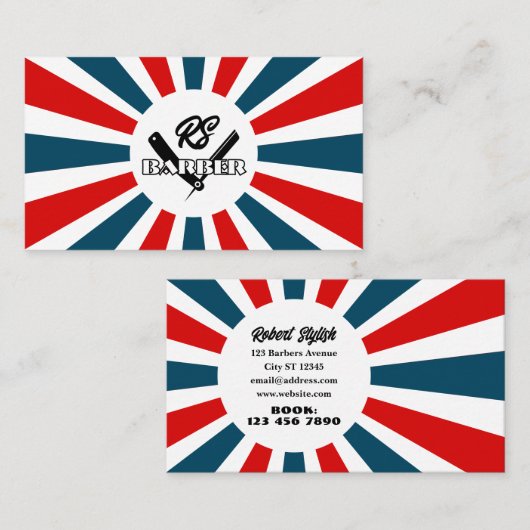Carte De Visite Barber Sun rayonne bleu et rouge rayures avec logo (Devant / Derrière)