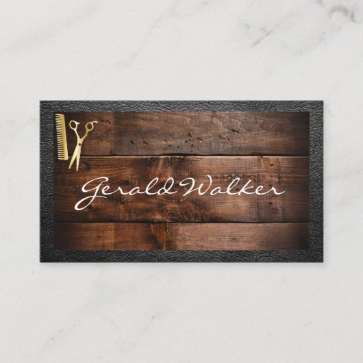 Carte De Visite Barbershop | Bois | Bordure en cuir (Devant)