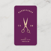 Carte De Visite Barbershop Hairstylist Ciseau d'or violet luxe (Devant)
