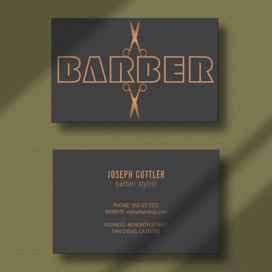 Carte De Visite Barbershop moderne logo en cuivre script gris