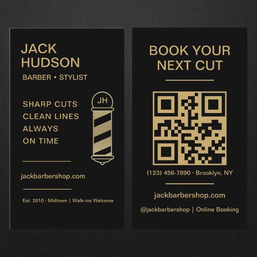 Carte De Visite Barbershop QR Code Black Gold Barber Haircut 