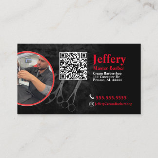 Carte de visite barbier avec code QR et photo gauc