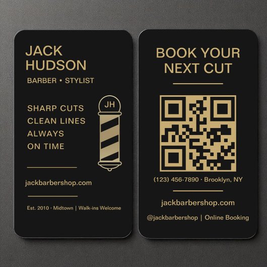 Carte De Visite Barbier Black Gold Barber Haircut QR Code