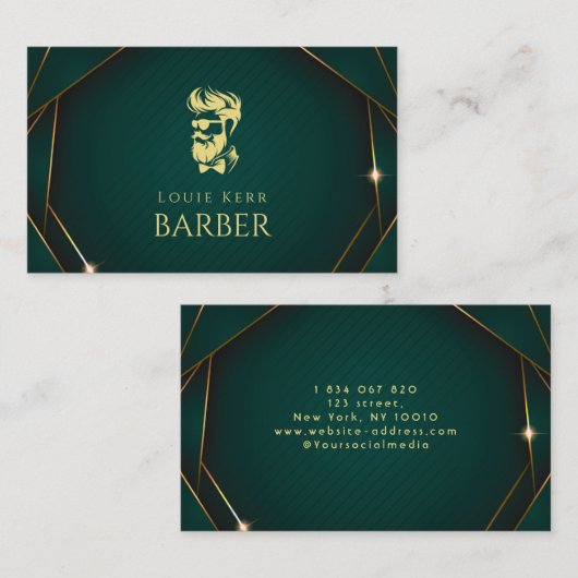 Carte De Visite Barbier Vert Et Or (Devant / Derrière)