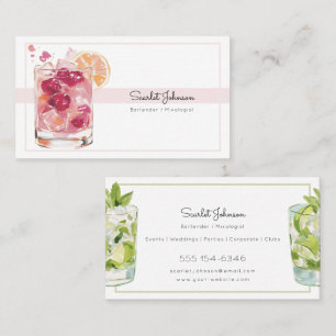 Carte De Visite Barman Boissons Aquarelle Rose Lime Vert