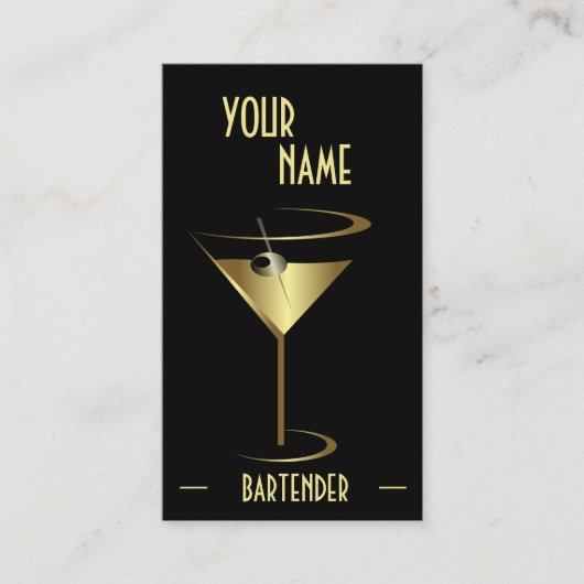 Carte De Visite Barman métallique de Martini de cocktail d'or (Devant)