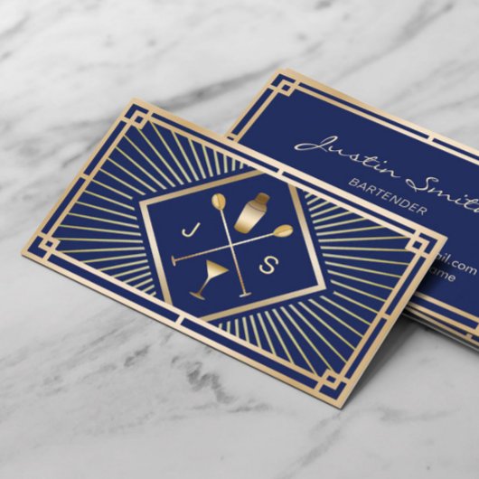 Carte De Visite Bartender Bar Club Modern Marine Blue Gold Art Déc
