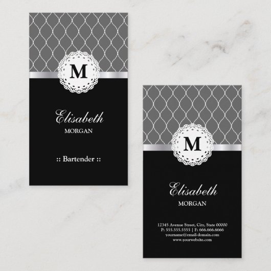 Carte De Visite Bartender Elegant Black Lace Motif (Devant / Derrière)