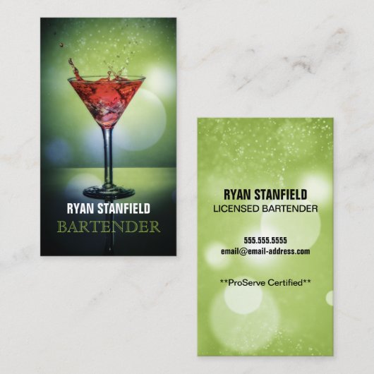 Carte De Visite Bartender Green Bokeh (Devant / Derrière)