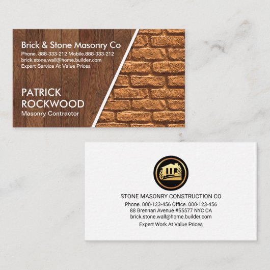 Carte De Visite Bâtiment Brown en briques de bois (Devant / Derrière)