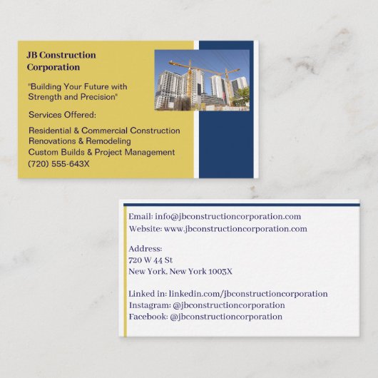 Carte De Visite Bâtiments Entrepreneur Bâtiment Grue de constructi (Devant / Derrière)