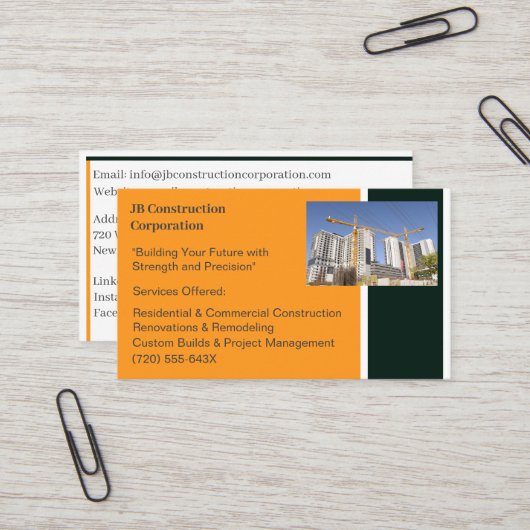 Carte De Visite Bâtiments Entrepreneur Bâtiment Grue de constructi (Devant/Arrière en situation)