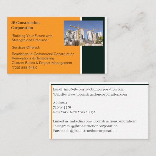 Carte De Visite Bâtiments Entrepreneur Bâtiment Grue de constructi (Devant / Derrière)