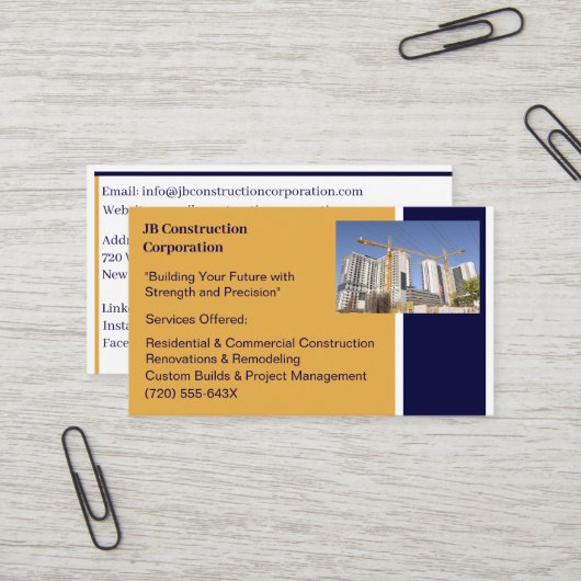 Carte De Visite Bâtiments Entrepreneur Bâtiment Grue de constructi (Devant/Arrière en situation)