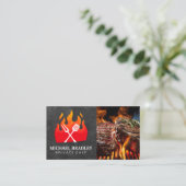 Carte De Visite BBQ Outils Flame Logo | Steaks grillés (Debout devant)