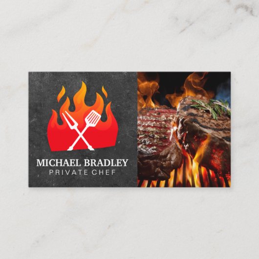 Carte De Visite BBQ Outils Flame Logo | Steaks grillés (Devant)