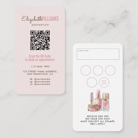 Carte De Visite Beauté rose pâle esthétique QR Code Loyauté & (Devant / Derrière)