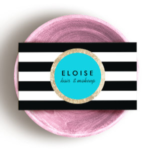 Carte De Visite Beauté tendance Noir et Blanc rayé Turquoise
