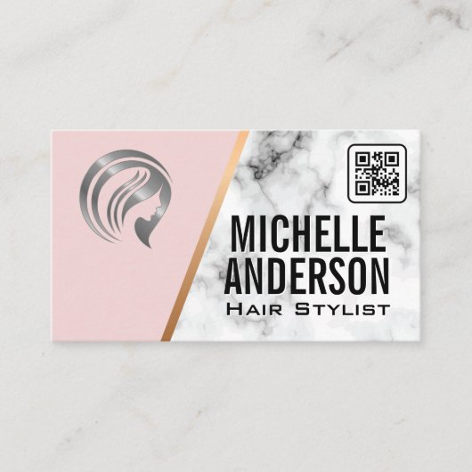 Carte De Visite Beauticien | Code QR | Rose | Marbre (Devant)