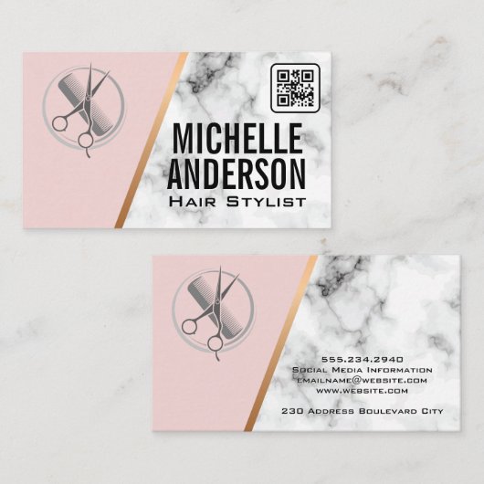 Carte De Visite Beauticien | Code QR | Rose | Marbre (Devant / Derrière)