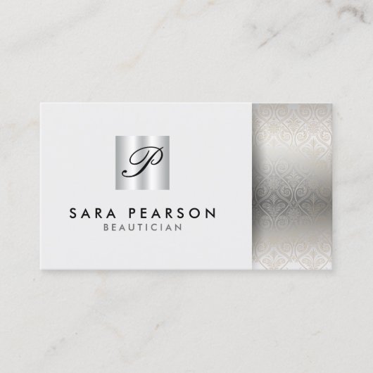 Carte De Visite Beauticier élégant monogramme argent Damask (Devant)