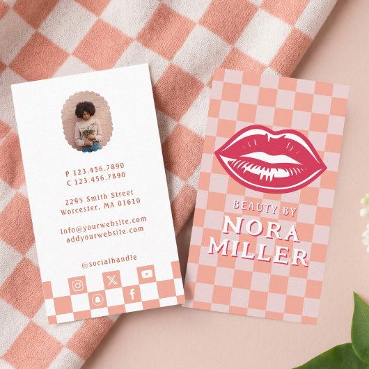 Carte De Visite Beauty By Retro Pink Checkerboard Lips Makeup