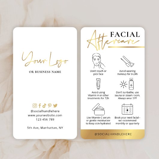 Carte De Visite Beauty Facial Aftercare Guide Logo Blanc & Or