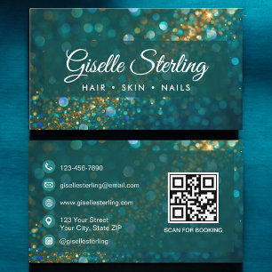 Carte De Visite Beauty Salon Gold Parties scintillant Turquoise QR