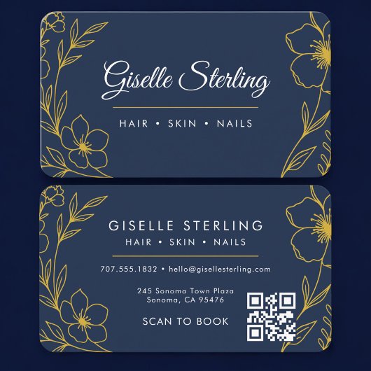 Carte De Visite Beauty Salon Navy Blue Gold QR Code Professional