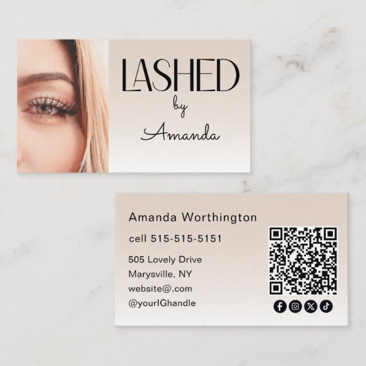 Carte De Visite Beige Blush Lashed Photo QR Code Social Icons (Devant / Derrière)