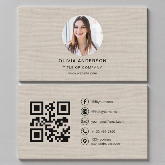 Carte De Visite Beige Linen Photo with QR Code Social Media