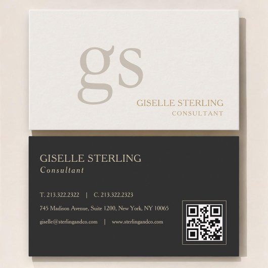 Carte De Visite Beige Neutral Monogram QR Code Professional