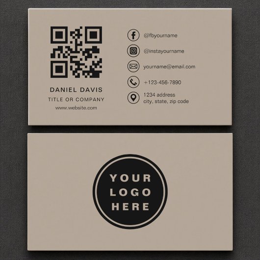 Carte De Visite Beige Neutral Professional Company Logo Code QR