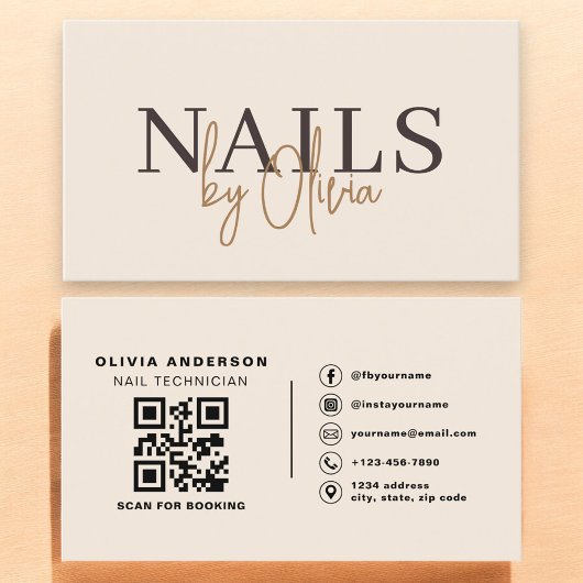 Carte De Visite Beige Neutral QR Code Nail Specialist Artist