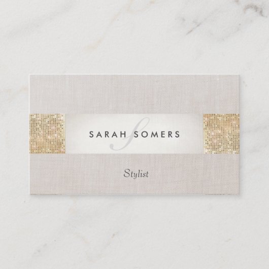 Carte De Visite Beige rayé moderne, Séquin or FAUX Monogramme (Devant)