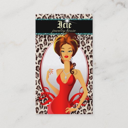 Carte De Visite Beige rouge Teal de léopard de diamants de bijoux (Devant)