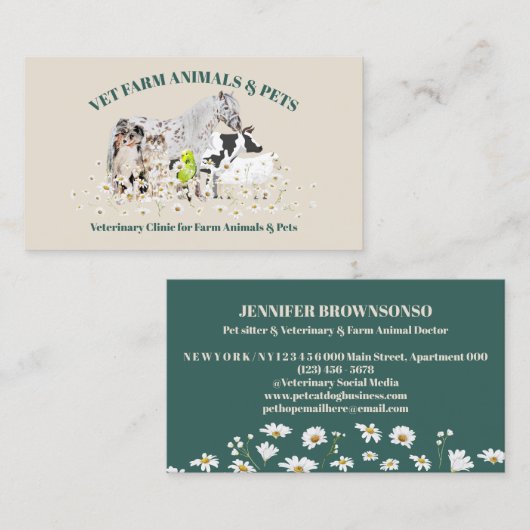 Carte De Visite Beige Vert Fleurs de marguerite Animaux de ferme (Devant / Derrière)