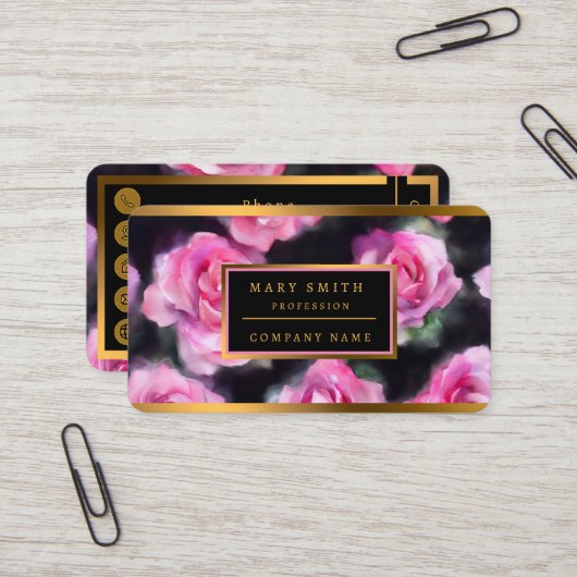 Carte De Visite Belle Aquarelle Moderne Collection Roses Rose (Devant/Arrière en situation)