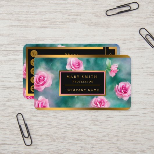 Carte De Visite Belle Aquarelle Populaire Collection Roses Roses R (Devant/Arrière en situation)