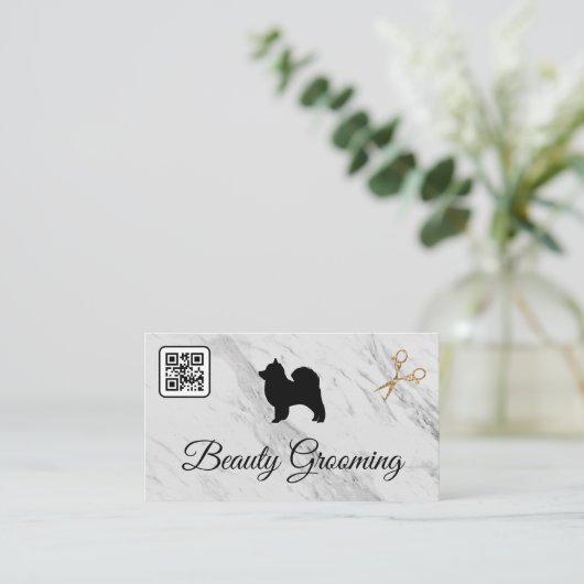 Carte De Visite Belle Chien Grooming Ciseaux | Marbre | Code QR (Debout devant)