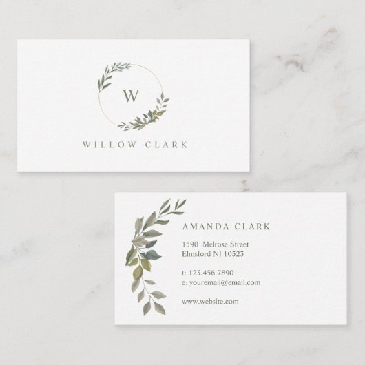 Carte De Visite Belle couronne d'aquarelle de verdure Monogramme (Devant / Derrière)