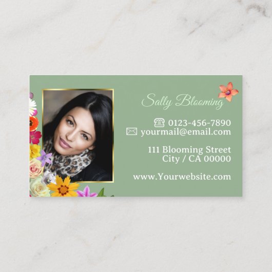 Carte De Visite Belle Fleur sauvage Verte Gold Frame Photo (Dos)