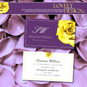 Carte De Visite Belle rose jaune sur violet avec initiales Chic